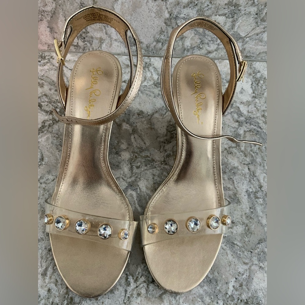 Lilly Pulitzer Gold Wedge Sandals with Crystal Accents Sz 9